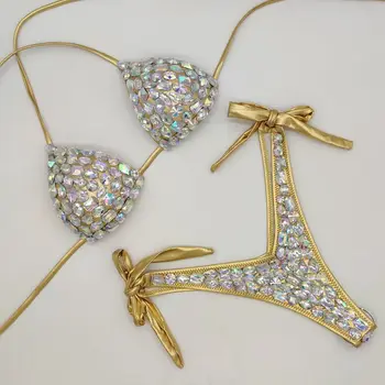 Drahokamu Triangle Bikini Sexy Ženy, Plavky Kryštál Diamantu Bikini Set S Uväzovaním Za Obväz Tangá Plavky Biquine