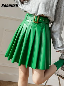 Seoulish Zelená Faux PU Kožené Skladaný dámske Sukne s Pásikom 2022 Nové Vysoký Pás Sexy Mini Sukne Ženy Jeseň Zima