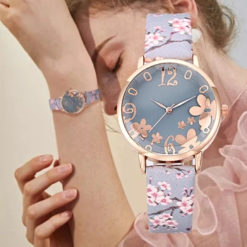 Móda Kvetinový Náramok Kožený Prúžok Dial Hodinky pre Ženy, Štýlové Náramkové hodinky Quartz Luxusné Dámske Šaty Hodiny reloj mujer