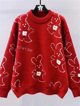 Hsa noriek cashmere pletené vianočný sveter voľné kórejský roztomilý králik študentov teplé a zahustenie mimo sebe sveter žena Top