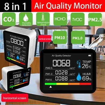 Prenosné 8 V 1 CO2 Meter Digitálne Teplota Vlhkosť vzduchu Tester Oxidu Uhličitého TVOC HCHO PM2.5 PM1.0 Detektor Kvality Ovzdušia Monitor