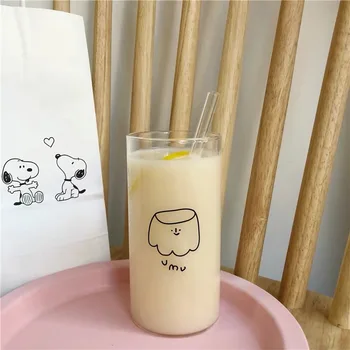 In Kórejský Štýl Cartoon Sklenený Pohár S Slamy Transparentné Káva, Mlieko, Čaj Hrnček Kawaii Vody Poháre Deti Fľaša Na Nápoj