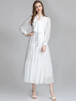 MoaaYina Módny Návrhár šaty Jeseň dámske Šaty tvaru Dlhý rukáv Vysoký pás Elegantné Biele Bežné Dlhé Šaty