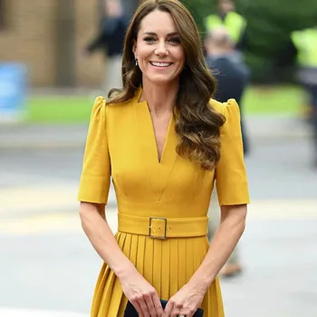 Kate Princezná Žltá Pevná Šaty Módneho Tvaru Skladaný A-Line Šaty
