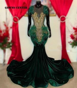 Tmavo Zelená Perie Velvet Prom Šaty, Luxusné Gold Crystal Lištovanie Elegantné Šaty Pre Svadobné Party Morská víla Black Dievčatá, župan