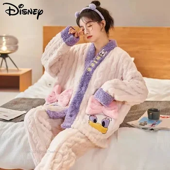 Disney Medvedík Pú Daisy Donald Duck Coral Velvet Bežné Pribrala Sladké Roztomilý Cardigan Sleepwear Pár Žien, Obleky, Pyžamá