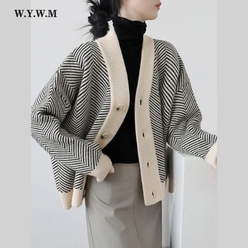 WYWM 2021 Jeseň Pruhované Pletených Vesty Sveter Ženy Vintage kórejský Chic Dlhý Rukáv Kabáta Streetwear Módy Voľné Žena Topy
