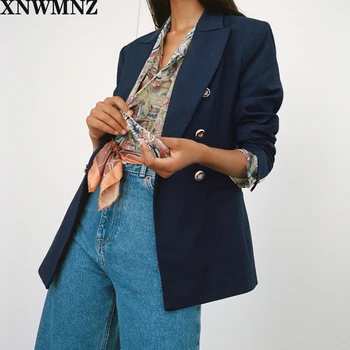 XNWMNZ Ženy 2020 Módne Office Nosenie Dvojité Breasted Blejzre Kabát Vintage Dlhý Rukáv Späť Otvory Žena vrchné oblečenie Elegantné Topy