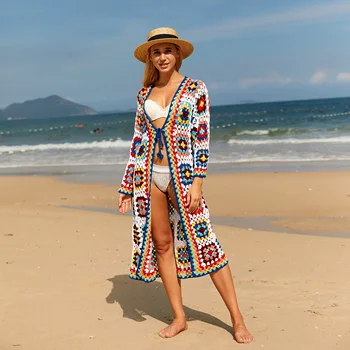 H80&S90 Ženy, Háčkovanie Farebné Duté Sa Dlho Cardigan Ženské Ručné Zrastov Zakryť Kimono Sveter Kabát Plavky, Plážové Oblečenie