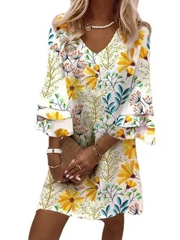 Dámske Elegantné Volániky Rukáv Šaty Letné Bežné Kvetinový Tlač tvaru Mini Plážové Šaty Pre Ženy Voľné Boho Šaty Vestidos