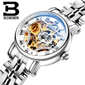 Dvojité Kostra, Mechanické náramkové hodinky Švajčiarsko luxusné dámske Hodinky BINGER Značky Sapphire Nehrdzavejúcej Ocele Hodiny B-5066L-1