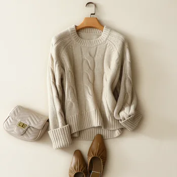 zimné hrubé 8 vrstvou 100% cashmere sveter ženy posádky krku dlhý rukáv pulóver kábel pletené módne dámy teplé knitwear