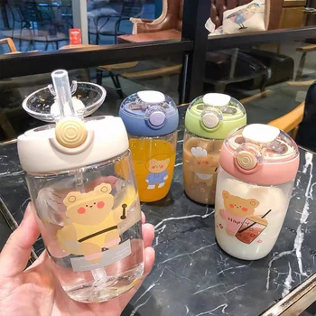Detská fľaša na vodu roztomilý kreslený medveď vzor tvorivé prenosný mini dievča jednoduché kreatívne slamka na pitie pohár