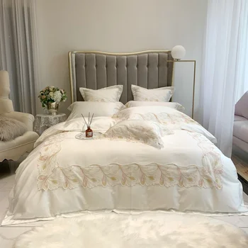 Biela Luxusná posteľná bielizeň Nastaviť 600TC Egyptskej Bavlny, Mäkké Kráľovná King Size Pierko Čipky Perinu Nastaviť 4pcs pre Domáce a Svadobné