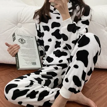 Nové Flanelové Pár Pyžamo Ženy Zime Teplé Plus Velvet Zahusťovanie Roztomilý Japonské Kravy 2022 Nový Domov Šaty Možno Nosiť Mimo