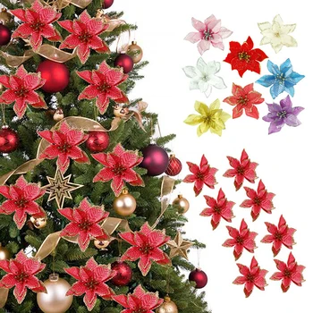 5/10pcs Umelé Poinsettia Vianočné Kvety Lesk Ozdoby na Vianočné stromčeky na Vianoce Svadobné Party Veniec DIY Dekor