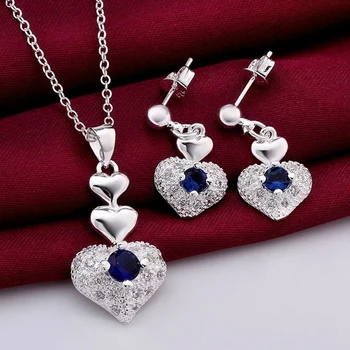 Žena strany svadobné Šperky sady 925 Sterling Silver Blue crystal srdce prívesok, náušnice, náhrdelník klasické módne Vianočný darček