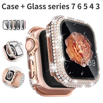 Celý diamond prípade + sklo pre Apple Hodinky kryt luxusné 44 mm 38 mm 40 mm 42mm 41mm 45mm nárazník pre IWatch Series 7 6 SE 5 4 3 2 1