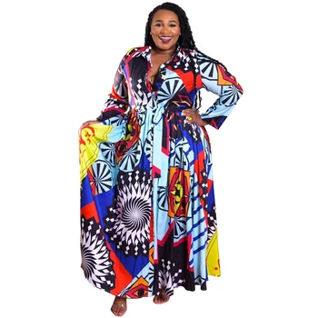 Plus Veľkosť 5XL Dlhé Šaty Afriky Šaty Pre Ženy Župan Tlač Maxi Šaty Afriky Oblečenie s Dlhým Rukávom Big Swing Beach Party Šaty