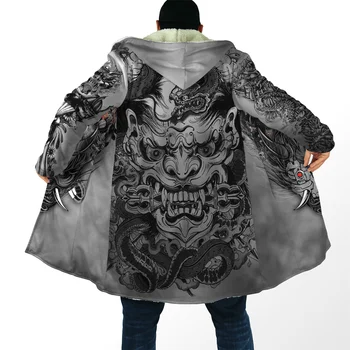2021 zimné Mens Kapucí plášť Samuraj Oni Maska Tetovanie 3D Tlač Fleece vetra breaker Unisex Bežné Teplá Kapota plášť PF04