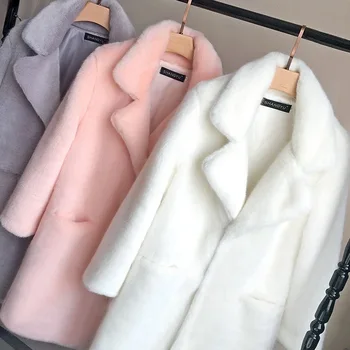 2022 Zimné Módne Faux Kožušiny Kabát Ženy Elegantné Pevné Luxusné Plyšové Coats Žena Plus Veľkosť Kórejský Zahustiť Teplé Klope Kabát