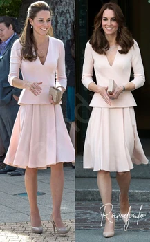 Krátke Matka Nevesty Šaty Ružové Dlhé Rukávy Princezná Kate Middleton V Krku Peplum A-Line Koleno Dĺžke Svadobný Hosť Plášte