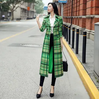 2022 Jar Ženy Dlho Zákopy Srsti Office Lady Jednoduchý Klasický Zelený Kockovaný Kabát S Pásom Elegantné Ženy Windbreaker Žien Kabát