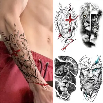 Predlaktie Lev Dočasné Tetovanie Pre Mužov, Ženy, Dospelých Kríži Je Boh Samuraj Falošné Tetovanie Nálepky Realistické Polovičný Rukáv Tatoos Umývateľný