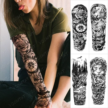 Veľké Arm Tattoo Rukáv Ruže, Kvety Hodiny Nepremokavé Dočasné Tatto Nálepky Vreckové Hodinky Čas Body Art Full Falošné Tetovanie Ženy