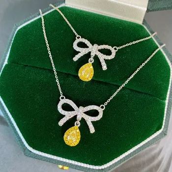 Elegantné Jemné Žlté Crystal Citrine Kamene, Diamanty Bowknot Prívesok Náhrdelníky pre Ženy 18k Biele Zlato Vyplnené Šperky Choker Nové