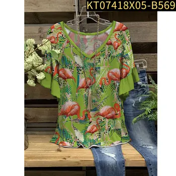 Nové Ženské Zelená T-shirts Flamingo Vzor 3D Tlač Módne y2k Oblečenie tvaru Patchwork Rukáv dámske Letné Topy