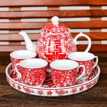 Čínske svadobné kanvica teacup červený čaj hrniec pohár misy sada keramických teaware tvorivej radosti nevesta dar manželstva veno oslava