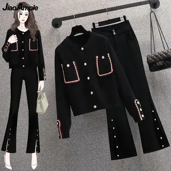 dámske jarné, jesenné sveter cardigan obličkového nohavice dvoch dielna sada kórejský lady slim čierny pletený kabát nohavice oblečenie