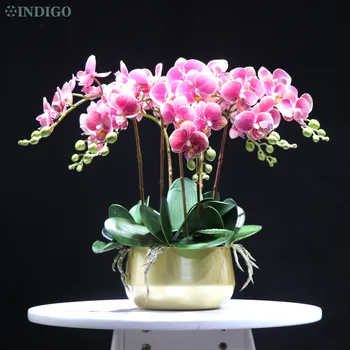 Fialová Orchidea (7PCS Orchidea+5 KS Listov+Moss +Pot) DIY Kvet Dohoda Skutočný Dotyk Office Dekorácie Prípade Vrchol - INDIGO