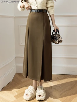 Nové 2022 Zimné Vlny Dlhé Sukne Pre Ženy Retro Vysoký Pás Pevné Skladaná Sukňa Vintage S Pásom Hnedá Čierna Sivá Falda Mujer