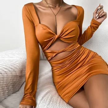 Orange Dlhý Rukáv Skladaný Bodycon Šaty, Sexy Hlboko V Krku Cut-out nočný klub Šaty pre Ženy Móda Mini Party Šaty Clubwear