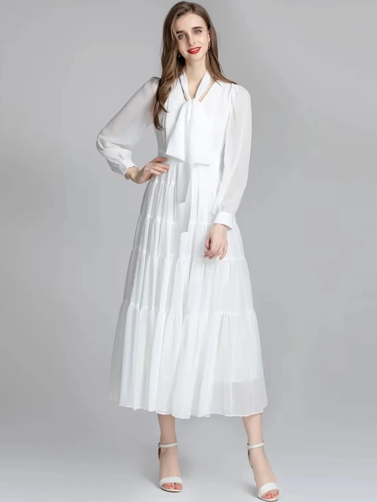MoaaYina Módny Návrhár šaty Jeseň dámske Šaty tvaru Dlhý rukáv Vysoký pás Elegantné Biele Bežné Dlhé Šaty Obrázok 0