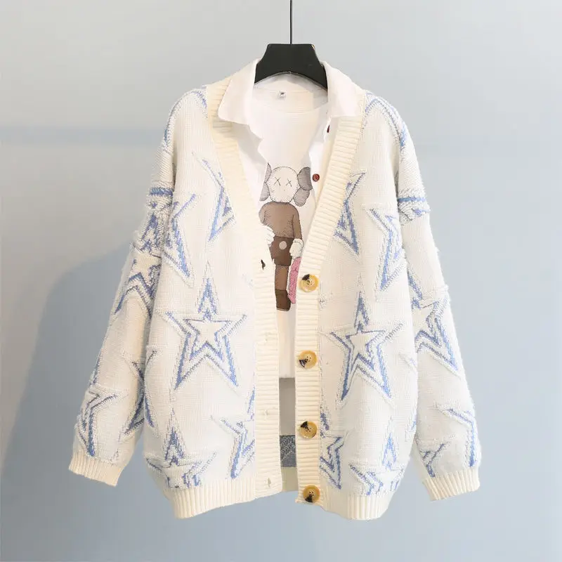 Pletený sveter sveter kabát žien jeseň/zima 2022 nový kórejský štýl voľné vyšívané päť-špicaté hviezdy strednej dĺžky top Obrázok 0