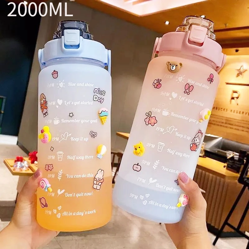 2 L Fľaša na Vodu Čas Značky Portable Veľká-Kapacita nepriepustných BPA Matné Pohár pre Outdoorové Športy Pitie Fľaša s Slamy Obrázok 0