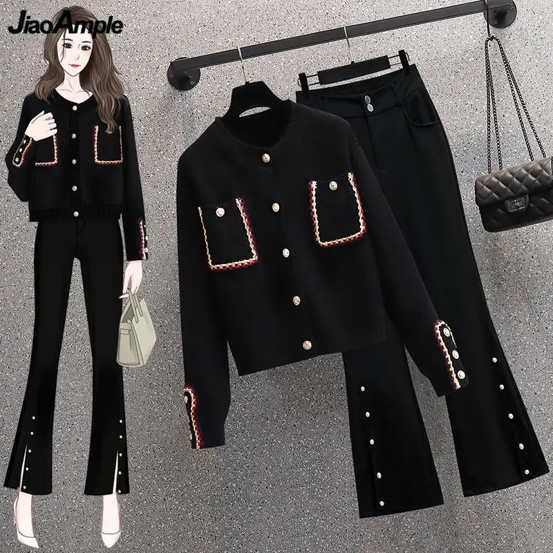 dámske jarné, jesenné sveter cardigan obličkového nohavice dvoch dielna sada kórejský lady slim čierny pletený kabát nohavice oblečenie Obrázok 0