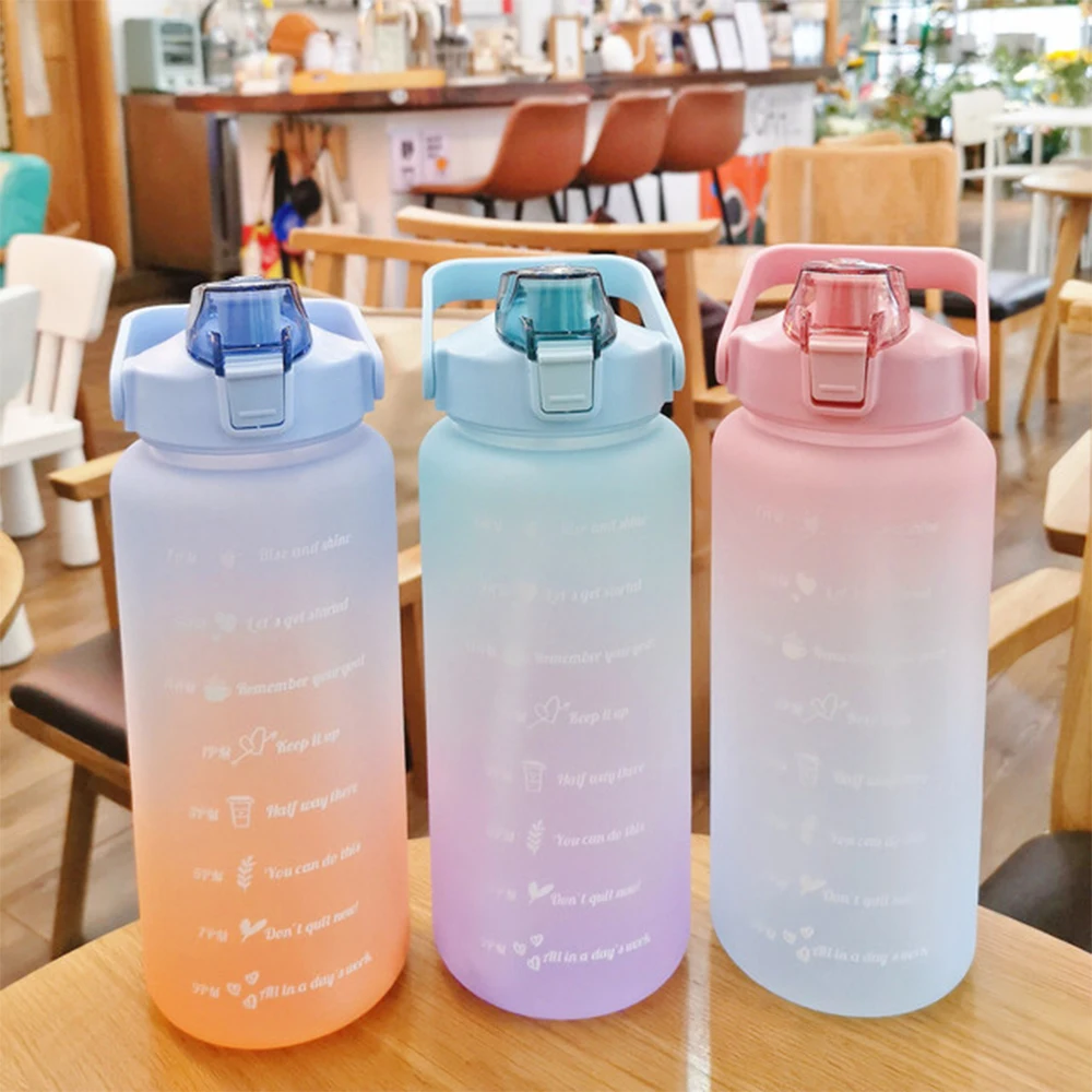 2L/1L Fľaša na Vodu S Slamy Čas Značku Plastové Cestovné Vody Pohár Gradient Farba Veľkú Kapacitu, Matné Vonkajšie Športové Fľaše Obrázok 1