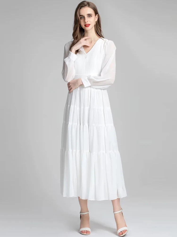 MoaaYina Módny Návrhár šaty Jeseň dámske Šaty tvaru Dlhý rukáv Vysoký pás Elegantné Biele Bežné Dlhé Šaty Obrázok 1