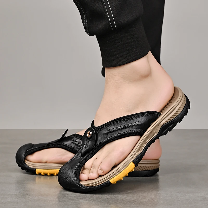 Letné Bežné Sandále Pravej Kože Mužov Outdoorové Sandále Dizajnér Flip Flops Ľahké Pánske Listov Pláže Topánky Zapatos Hombre Obrázok 1