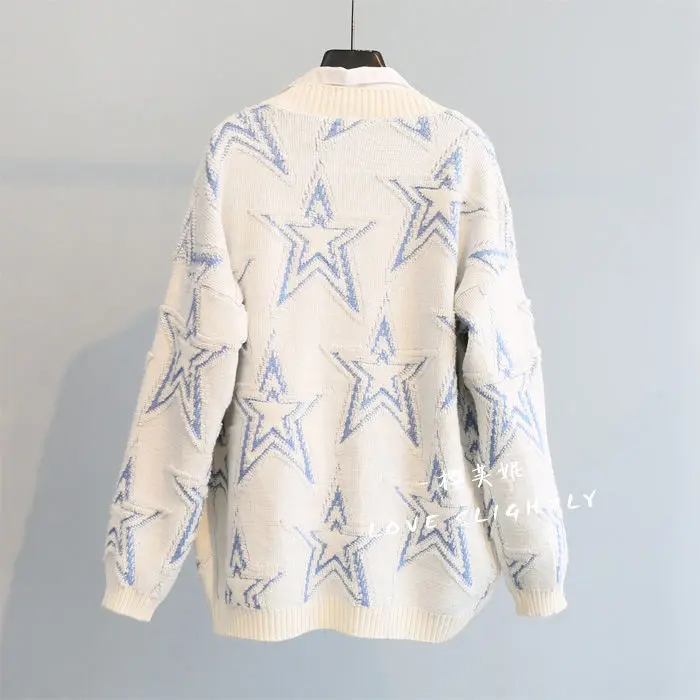Pletený sveter sveter kabát žien jeseň/zima 2022 nový kórejský štýl voľné vyšívané päť-špicaté hviezdy strednej dĺžky top Obrázok 1