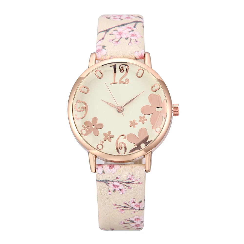 Móda Kvetinový Náramok Kožený Prúžok Dial Hodinky pre Ženy, Štýlové Náramkové hodinky Quartz Luxusné Dámske Šaty Hodiny reloj mujer Obrázok 2