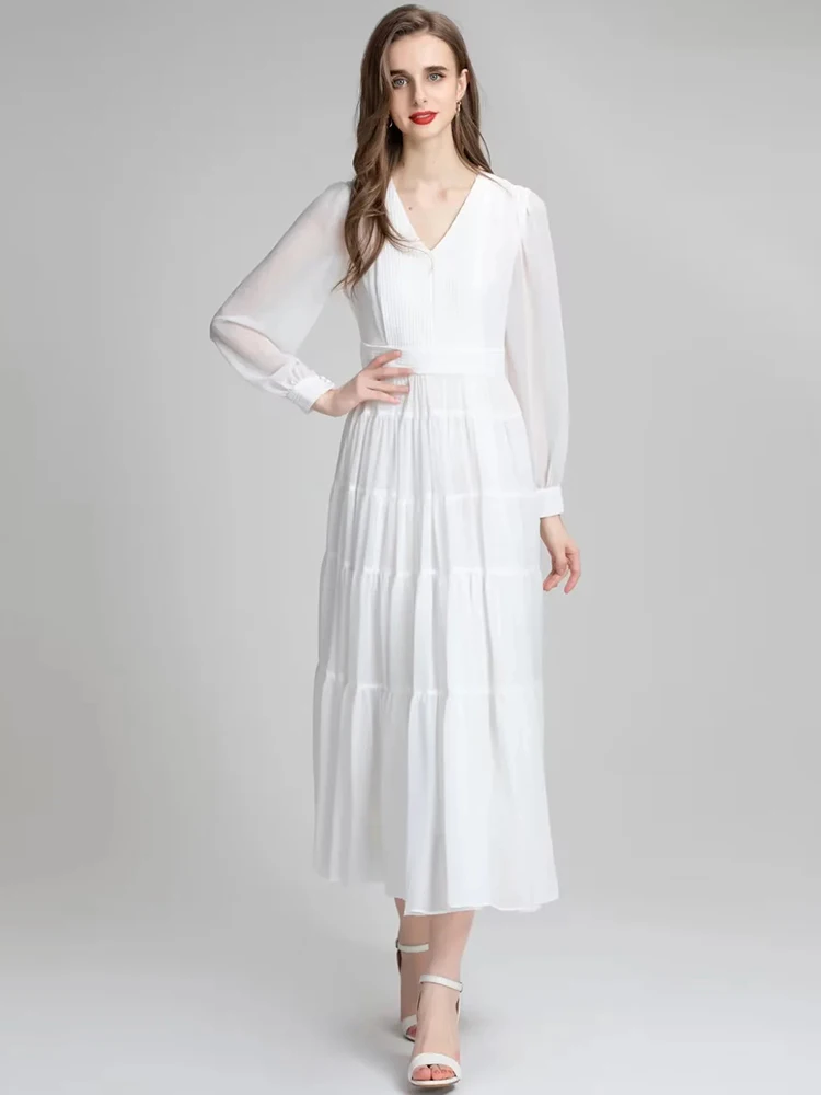 MoaaYina Módny Návrhár šaty Jeseň dámske Šaty tvaru Dlhý rukáv Vysoký pás Elegantné Biele Bežné Dlhé Šaty Obrázok 2