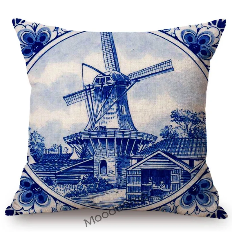 Delft Modrá Holandsko Klasický Vzor Suvenír Umenie Domáce Dekorácie Veterný Mlyn Milkmaid Canal House Gauč Vankúš Na Vankúš Obrázok 2
