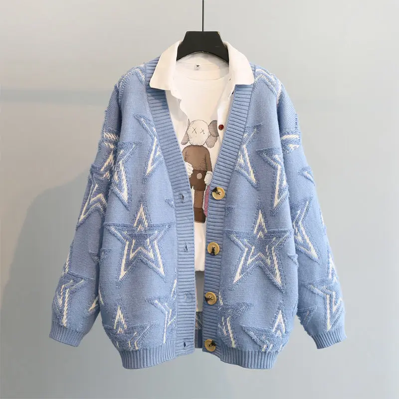 Pletený sveter sveter kabát žien jeseň/zima 2022 nový kórejský štýl voľné vyšívané päť-špicaté hviezdy strednej dĺžky top Obrázok 2