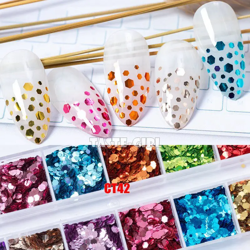 12 Mriežky/Box alebo 1 Jar Kvalitný Mix Veľkostí Hexagon na Nechty, Glitter Holografické Sequin Arylic Nail Art Paillette Obtlačky DIY Tipy Obrázok 2