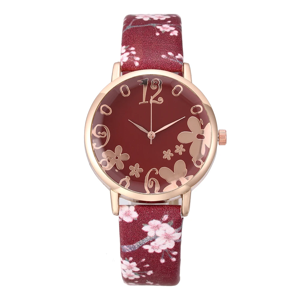 Móda Kvetinový Náramok Kožený Prúžok Dial Hodinky pre Ženy, Štýlové Náramkové hodinky Quartz Luxusné Dámske Šaty Hodiny reloj mujer Obrázok 3